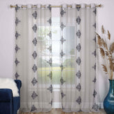 Traditional Embroidered Damask Sheer Grommet Curtain Panel Set